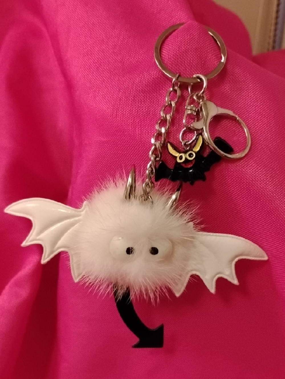 White Furry Bat Keychain Charm with Mini Bat Accent - Picture 2 of 9